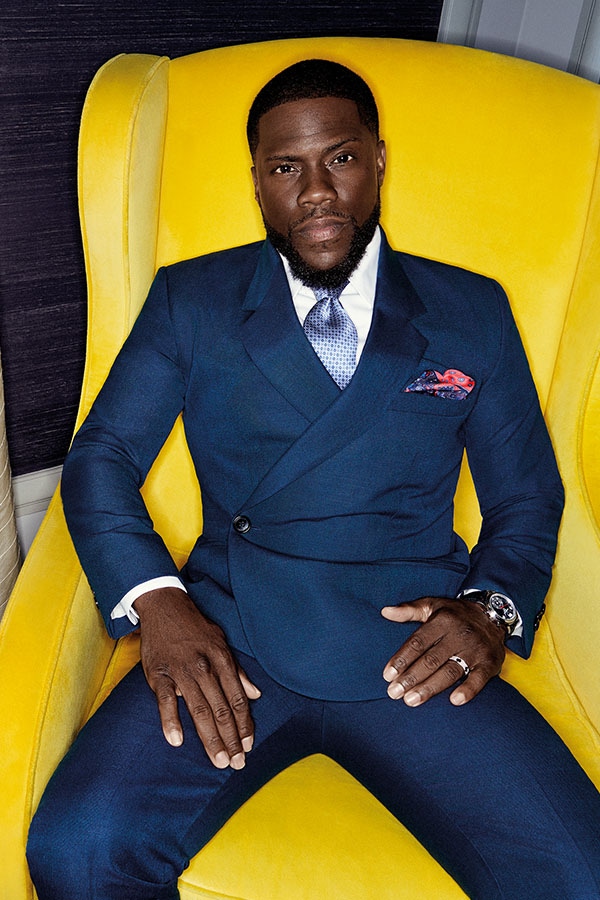 Petrol blue wool suit, Dior; white cotton shirt and pink silk pocket-square; Budd Shirtmakers; blue silk tie; Edward Sexton; Platinum Patek Philippe re.5960P annual calendar with blue dial, property of Kevin Hart.