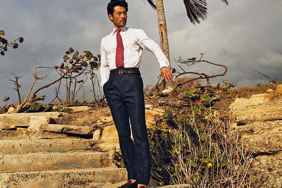 Navy linen Hollywood top trousers, Edward Sexton; blue and white cotton five-line shirt, G. Inglese; red silk medallion print tie, Budd Shirtmakers; dark brown burnished calf Cavendish loafers, Crockett & Jones.