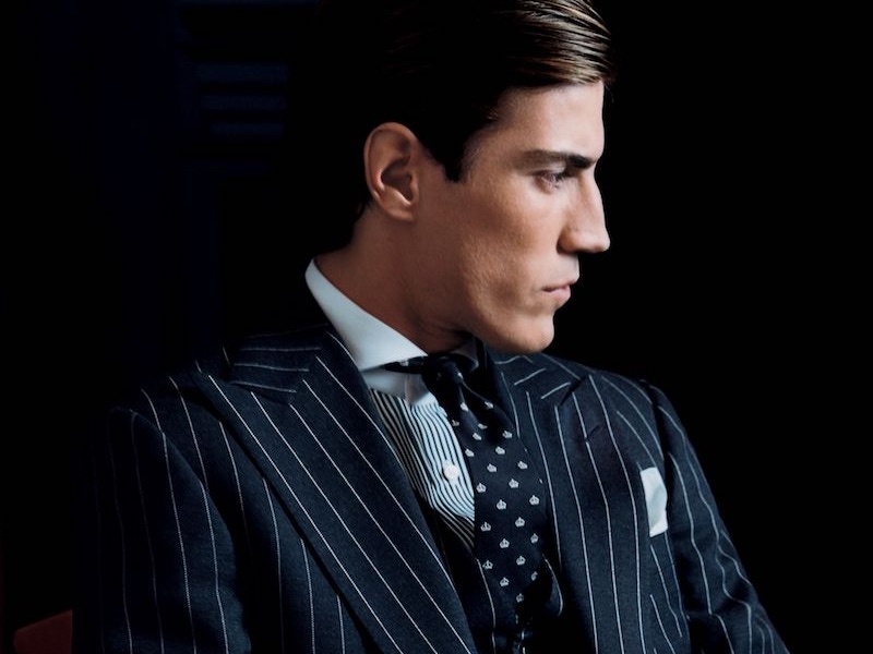 Oriol Elcacho models the quintessential Ralph Lauren Purple Label pinstripe suit. (Photo by Martyn Thompson).