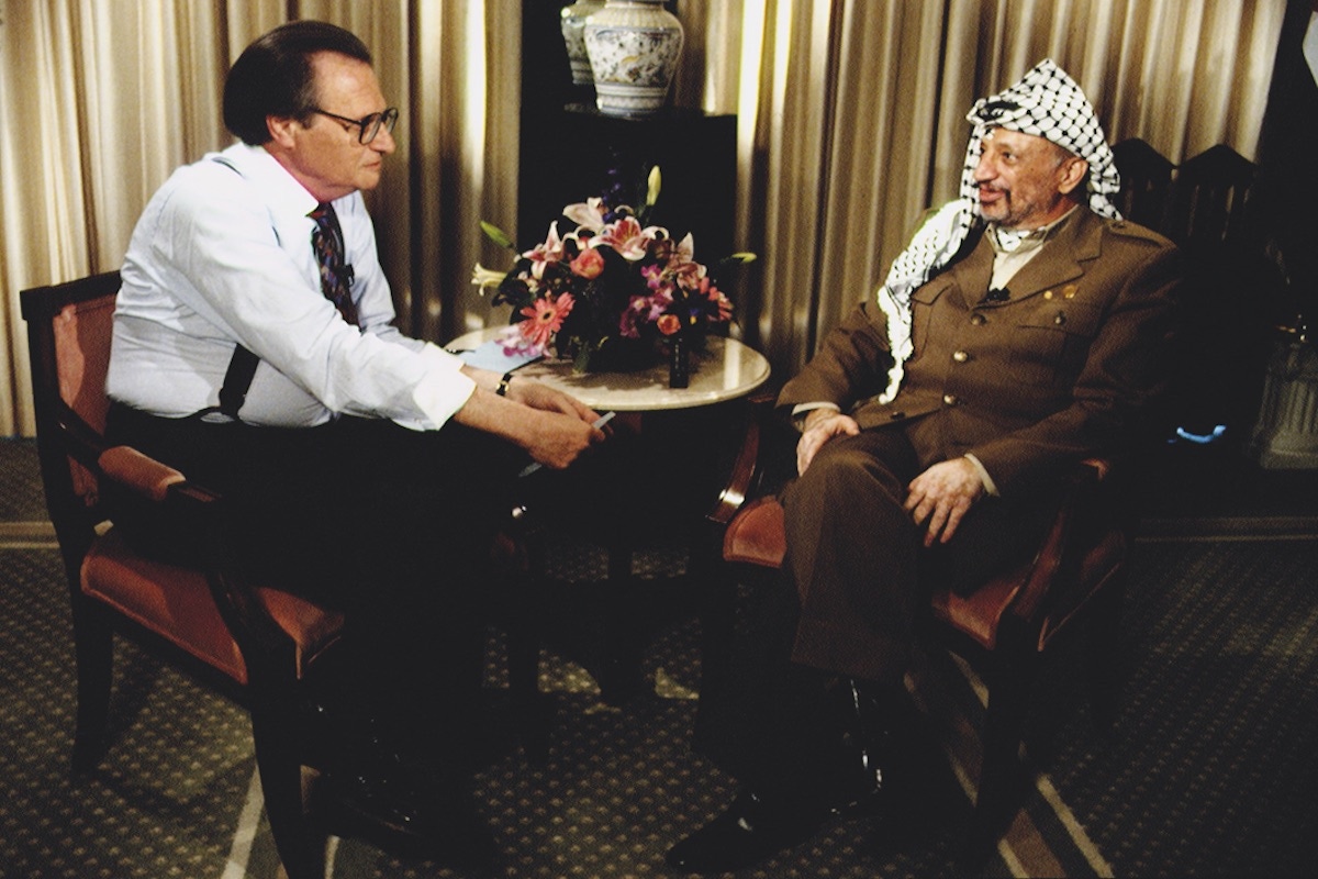 Yasser Arafat on Larry King Show (Photo by Jeffrey Markowitz/Sygma via Getty Images)