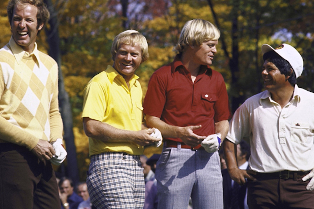 Jack Nicklaus Tournament. (L-R) Tom Weiskopf, Jack Nicklaus, Johnny Miller, and Lee Trevino during tournament. Columbus, 1975 (Photo by Marvin E. Newman/Sports Illustrated)