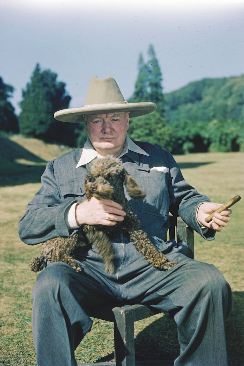 British politician and Prime Minister Winston Churchill (1874 - 1965) sits with his poodle, Rufus, and smokes a cigar on his estate at Chartwell, near Westerham, Kent, England, 1950. (Photo by Mark Kauffman/Time & Life Pictures/Getty Images)