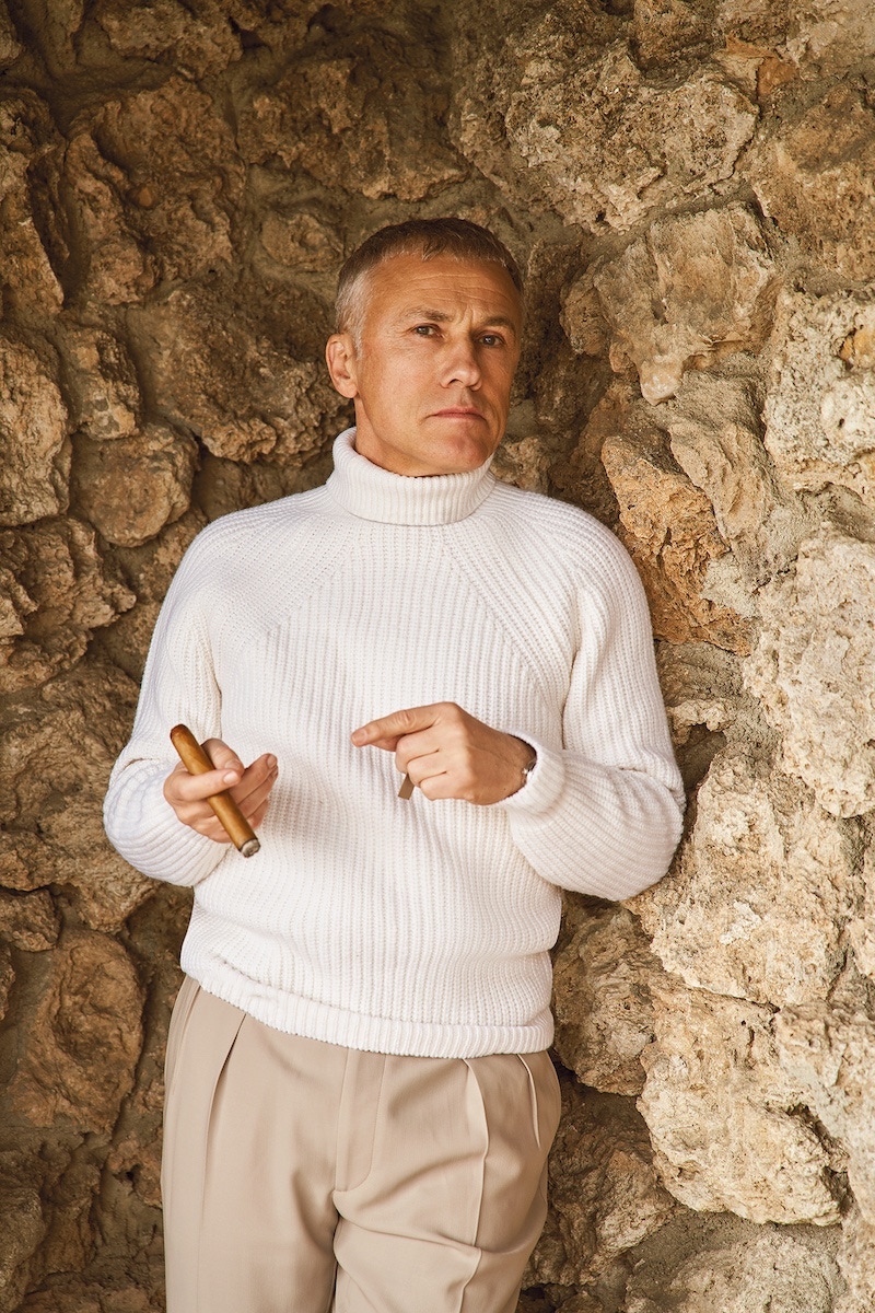 Cream cashmere roll-neck, Anderson & Sheppard; tan crepe trousers, Ralph Lauren Purple Label; brown cotton socks, London Sock Company; brown leather loafers, George Cleverley.