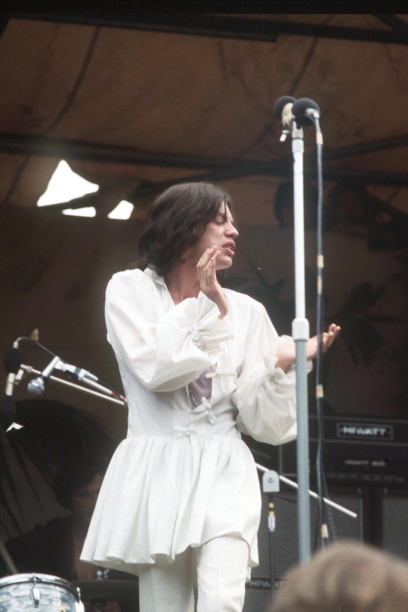 Mick Jagger in Mr Fish man-dress Hyde Park, 1969. Photo by Mike Randolph/Shutterstock.