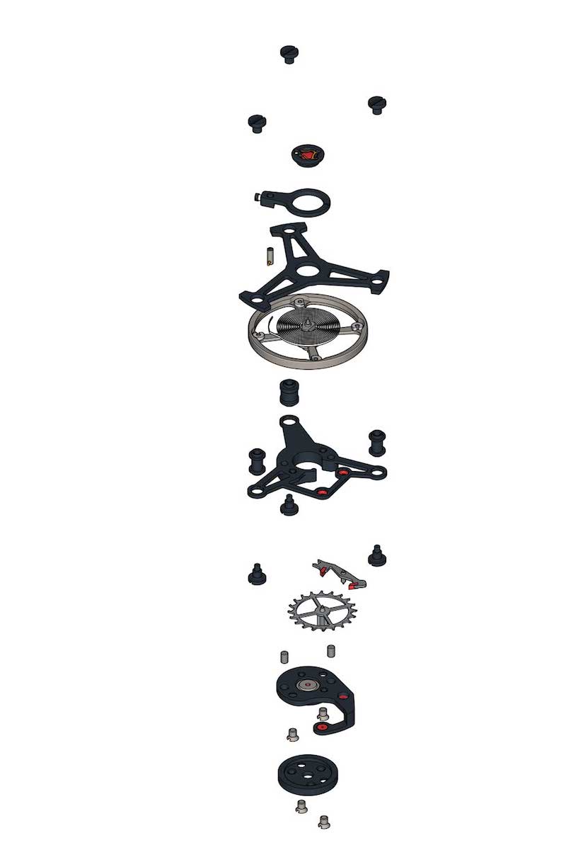 A blow up diagram of the tourbillon assembly of the Heuer 02T