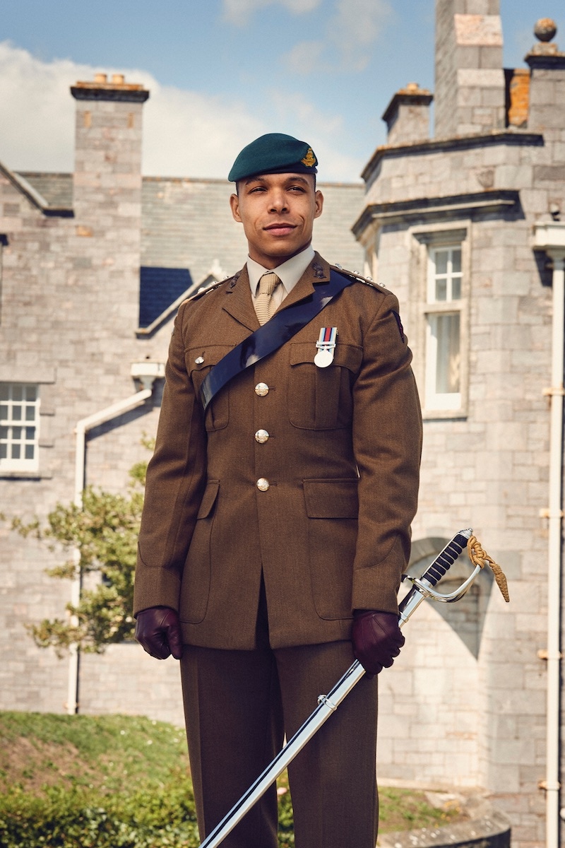 Royal Artillery officer’s service dress (aka Number 2s) plus green commando beret and officer’s cloth cap badge of the Royal Artillery. The sword is Kidane’s Sandhurst Sword of Honour; inscription visible opposite.