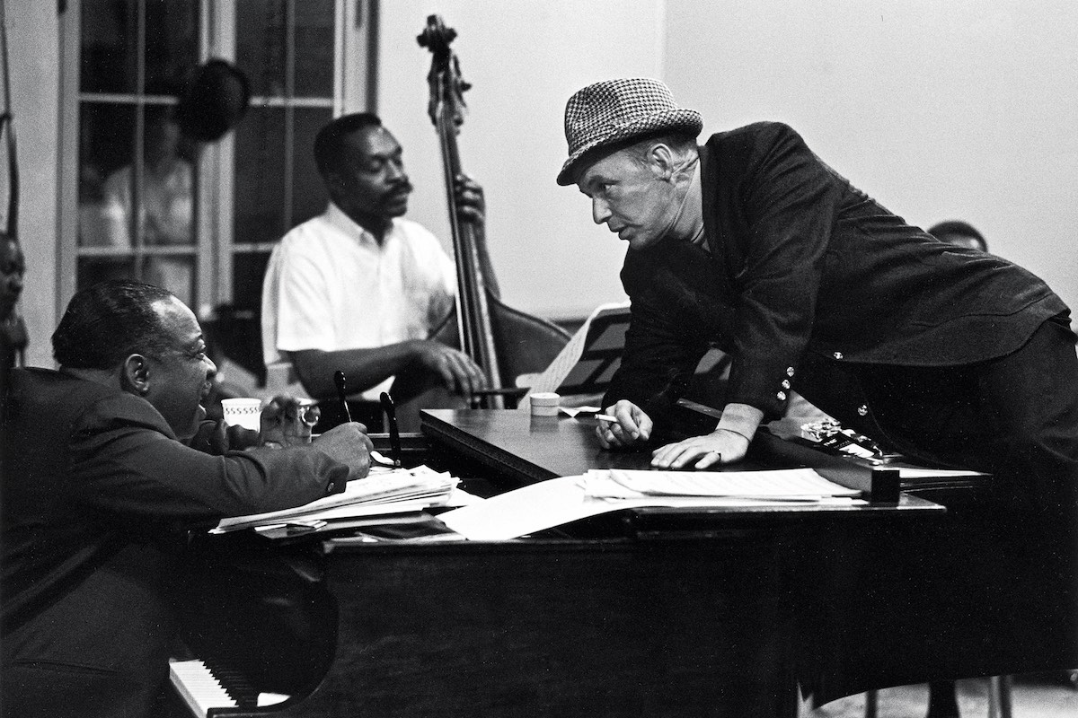 Sinatra chats with Count Basie during rehearsals for a show in Las Vegas in 1964 (Photo by John Dominis/The LIFE Picture Collection via Getty Images)