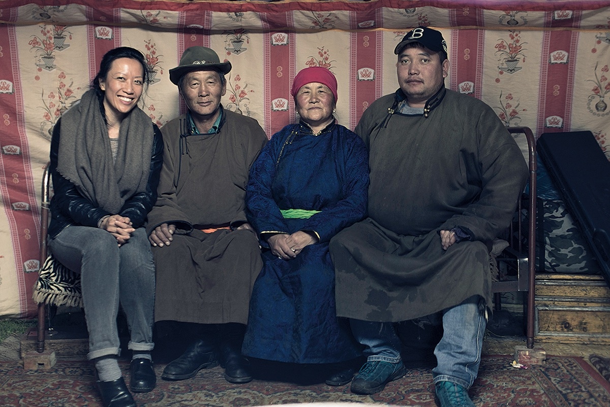 Tengri’s founder, Nancy Johnston, with a herder family in the Khangai region of Mongolia