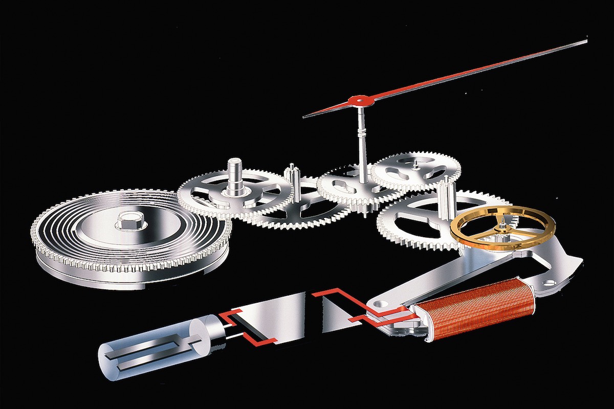 The interaction between the gear train, glide wheel and electromagnet regulation.