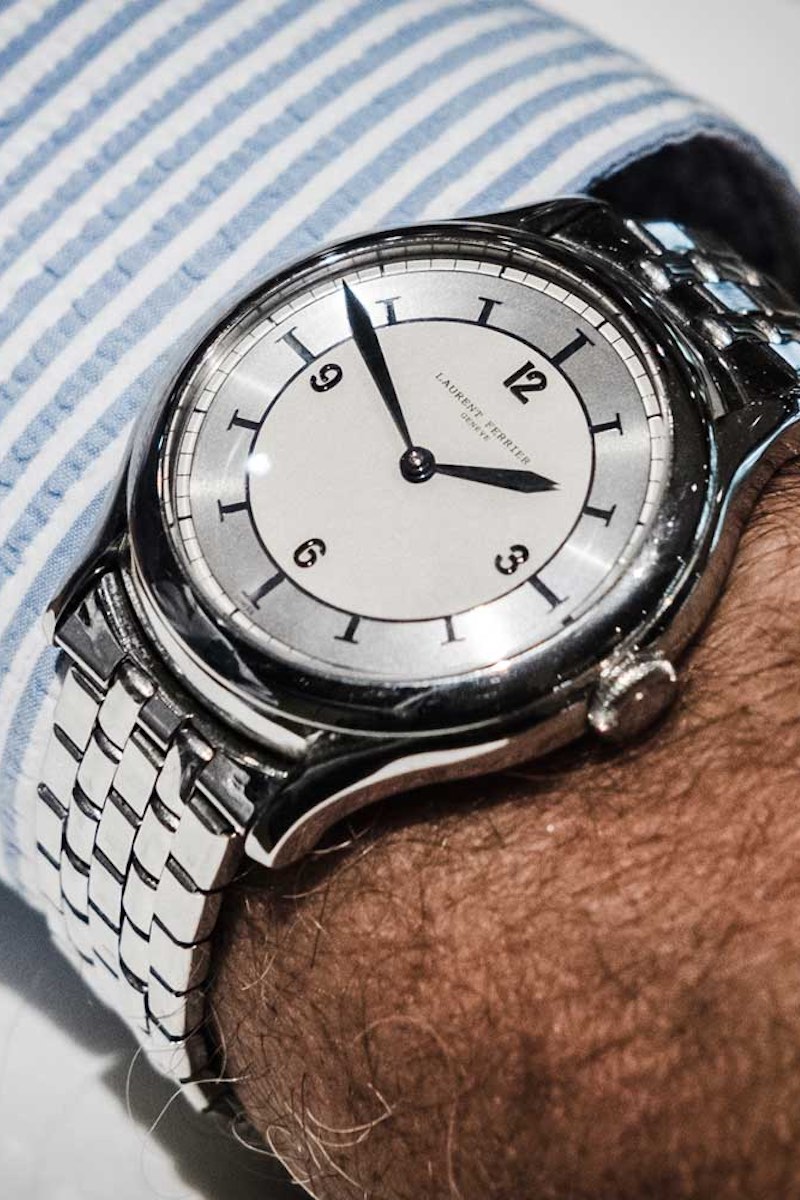 Auro Montanari’s special Laurent Ferrier Micro-Rotor watch on a vintage Gay Frères (©Revolution)