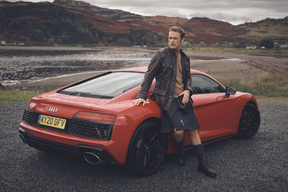 Lambskin ‘Fieldbrook’ jacket, Belstaff; cashmere roll-neck, New & Lingwood; kilt, Sassenach Tartan; sporran, Emma Berry; socks and kilt pin, Sam’s own; black Utah ‘Kentmere’ boots, Edward Green at The Rake; Code 11.59 by Audemars Piguet Selfwinding Chronograph, 18-carat white-gold case, lacquered black dial and counters. Black alligator strap with white-gold buckle. Car: Audi R8 Coupé V10 RWD S tronic (540 PS)