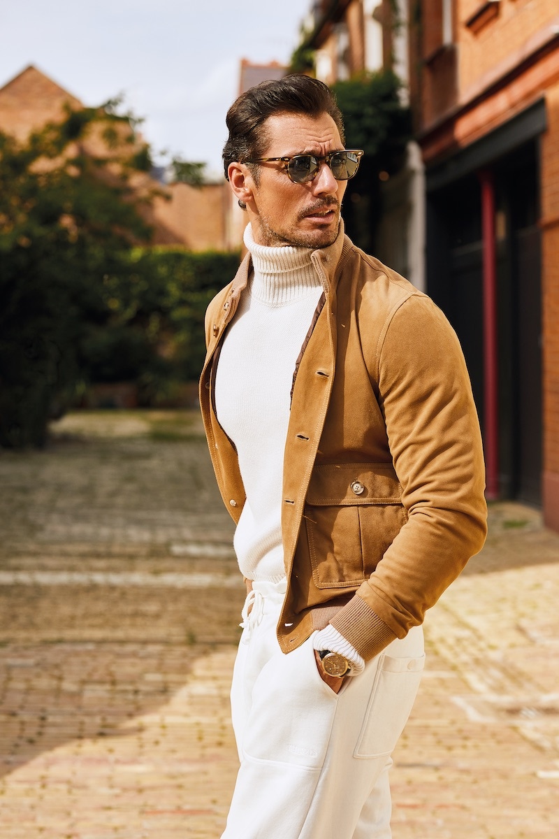 Camel suede Valstarino jacket, Valstar; ecru cashmere Submarine roll-neck, Private White V.C.; white 100% cotton Heritage jogger, David Gandy Wellwear; Tatuh Sun sunglasses, MOSCOT. Avigation BigEye A7, titanium, Longines.