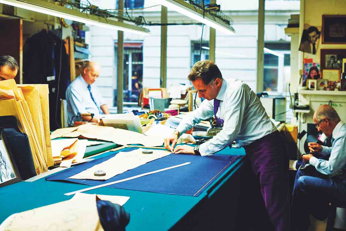 A demonstration of the different handcrafted techniques that go into a bespoke suit: chalking