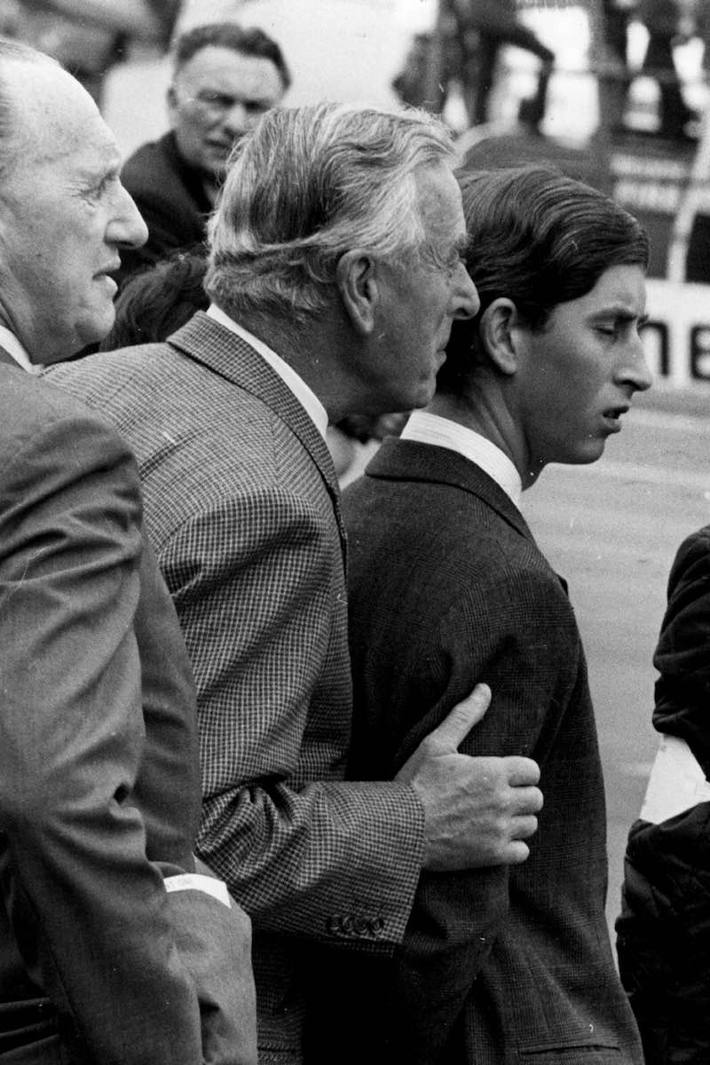 Mountbatten watching the R.A.C. Grand Prix at Brands Hatch with Prince Charles in 1968 (Photo by Wesley/Keystone/Getty Images)