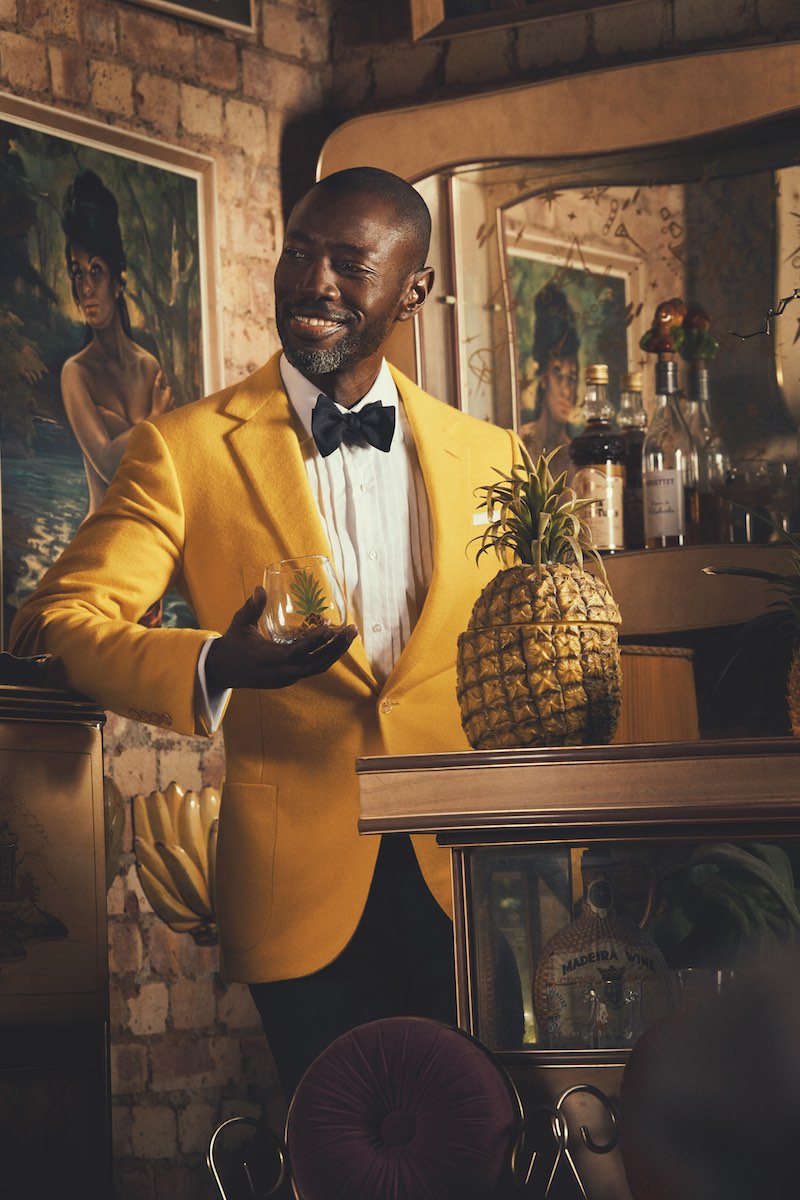 Yellow cashmere jacket and navy wool tuxedo trousers, both Ralph Lauren Purple Label; white cotton pleated shirt, Emma Willis; black silk bow-tie, Favourbrook