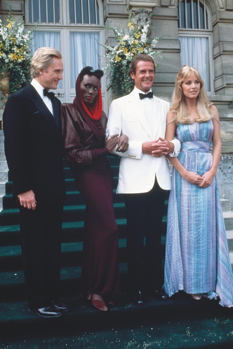 Christopher Walken, Grace Jones, Roger Moore and Tanya Roberts promote A View to a Kill (Photo by Nancy Moran/Sygma via Getty Images)