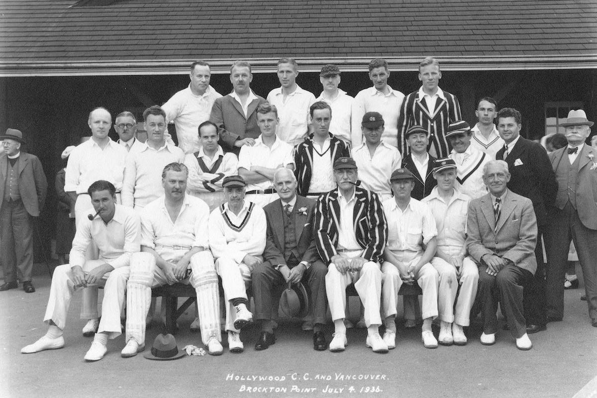 A group shot of Hollywood C.C. members including Errol Flynn, Nigel Bruce, C. Aubrey Smith, Alan Roughton, Harry B. Warner and others