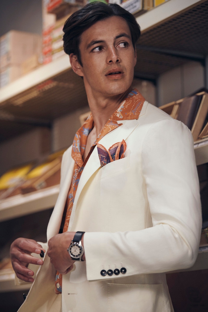 Ivory linen jacket and trousers. Shirt by Barbanera, pocket square by Edward Sexton. Shot at Davidoff of London.