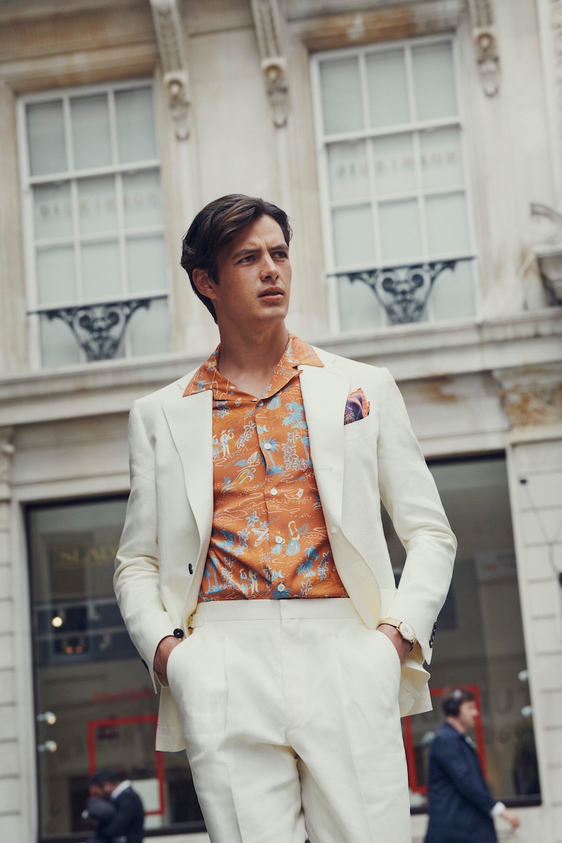 Ivory linen jacket and trousers. Shirt by Barbanera, pocket square by Edward Sexton. Shot at Davidoff of London.