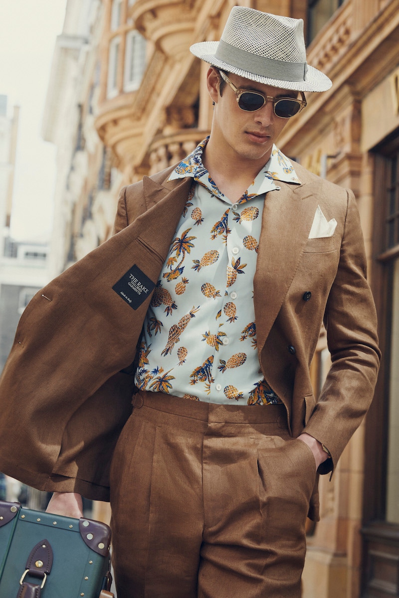 Tobacco Irish linen double-breasted jacket and trousers. Hat by Hat of Cain, shirt by Barbanera, sunglasses by Curry & Paxton.