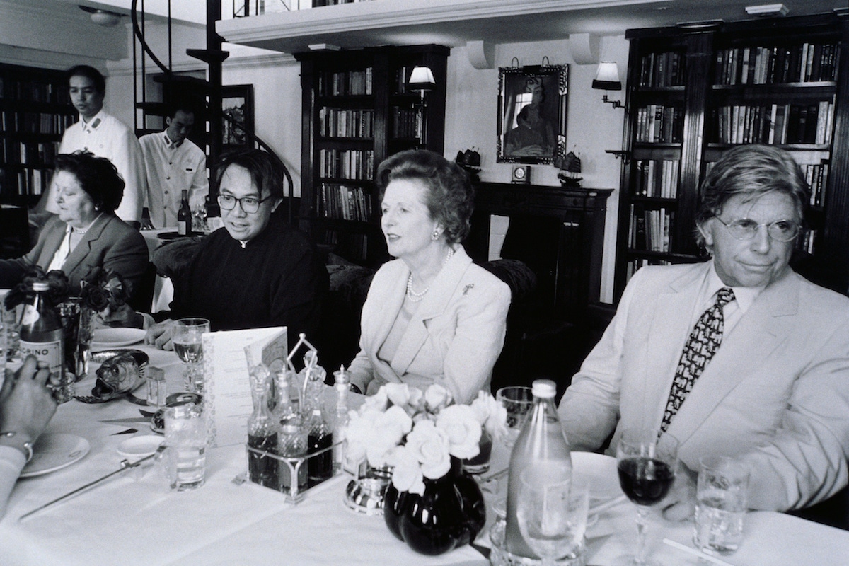 Miller dining with Margaret Thatcher and restauranteur David Tang in Hong Kong, circa 1980s (Photo by © Viviane Moos/CORBIS/Corbis via Getty Images)