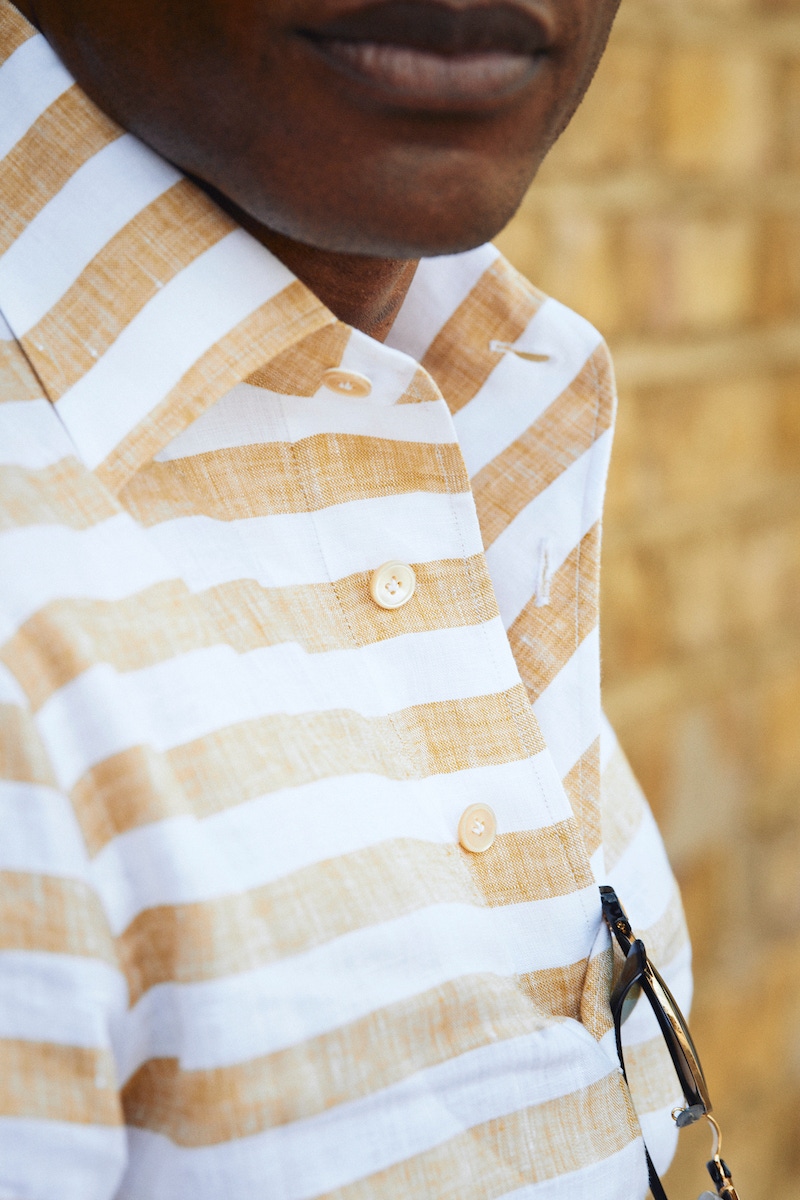 Shaun Gordon wears G. Inglese's striped linen polo for The Rake.