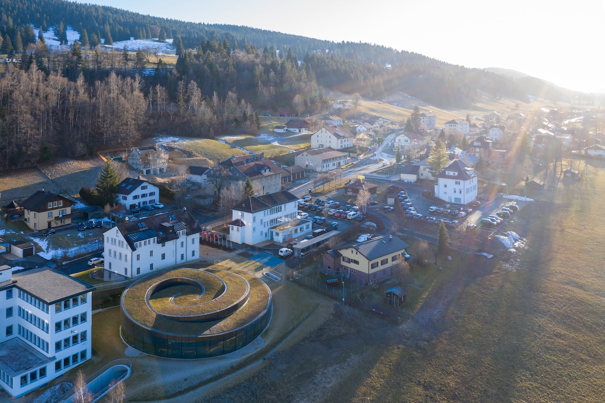 An aerial view of Le Brassus in Switzerland, featuring the new Musée Atelier Audemars Piguet.