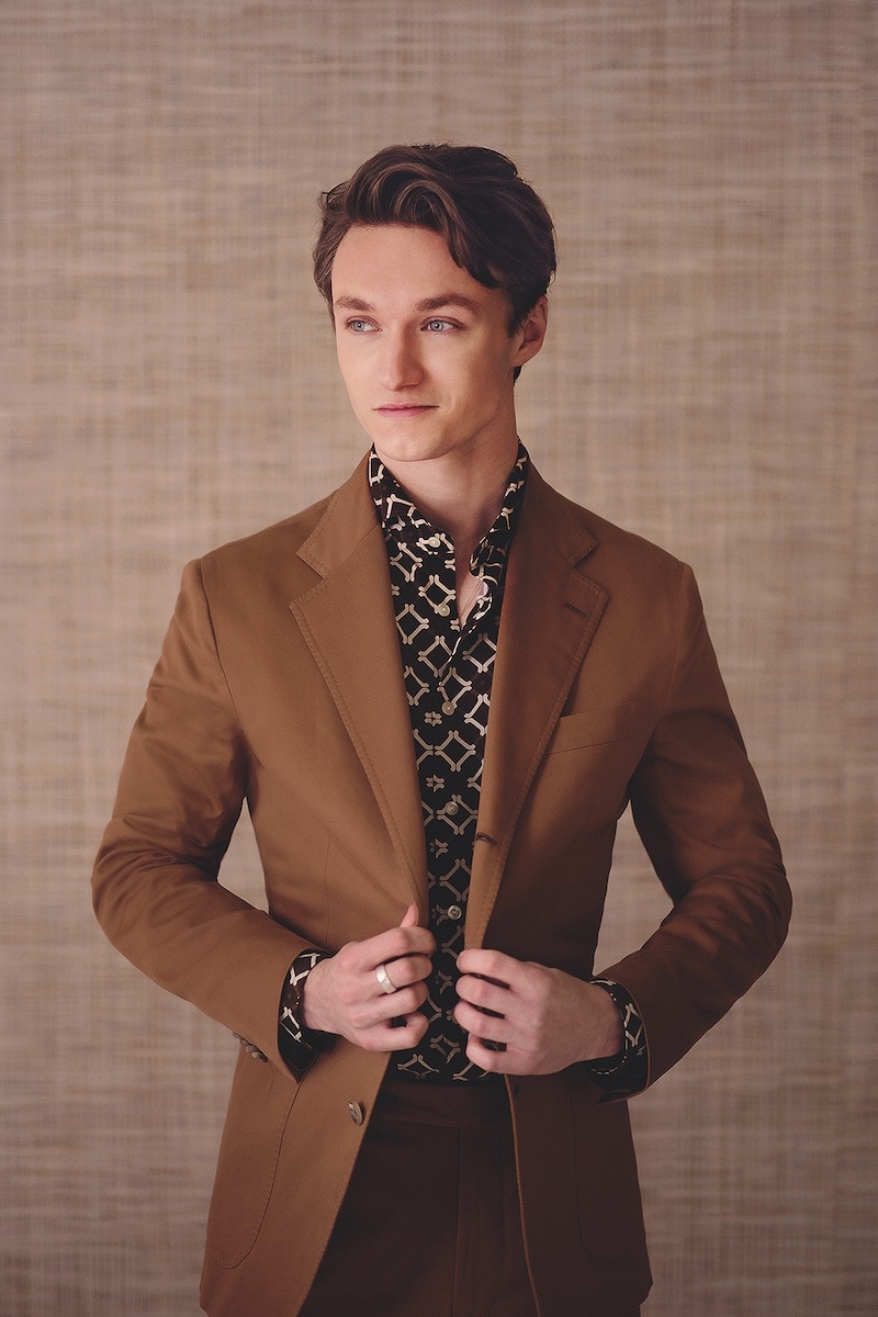 Tobacco cotton single-breasted Posillipo suit, De Petrillo at The Rake; brown and tobacco silk printed shirt, Tintoria Mattei