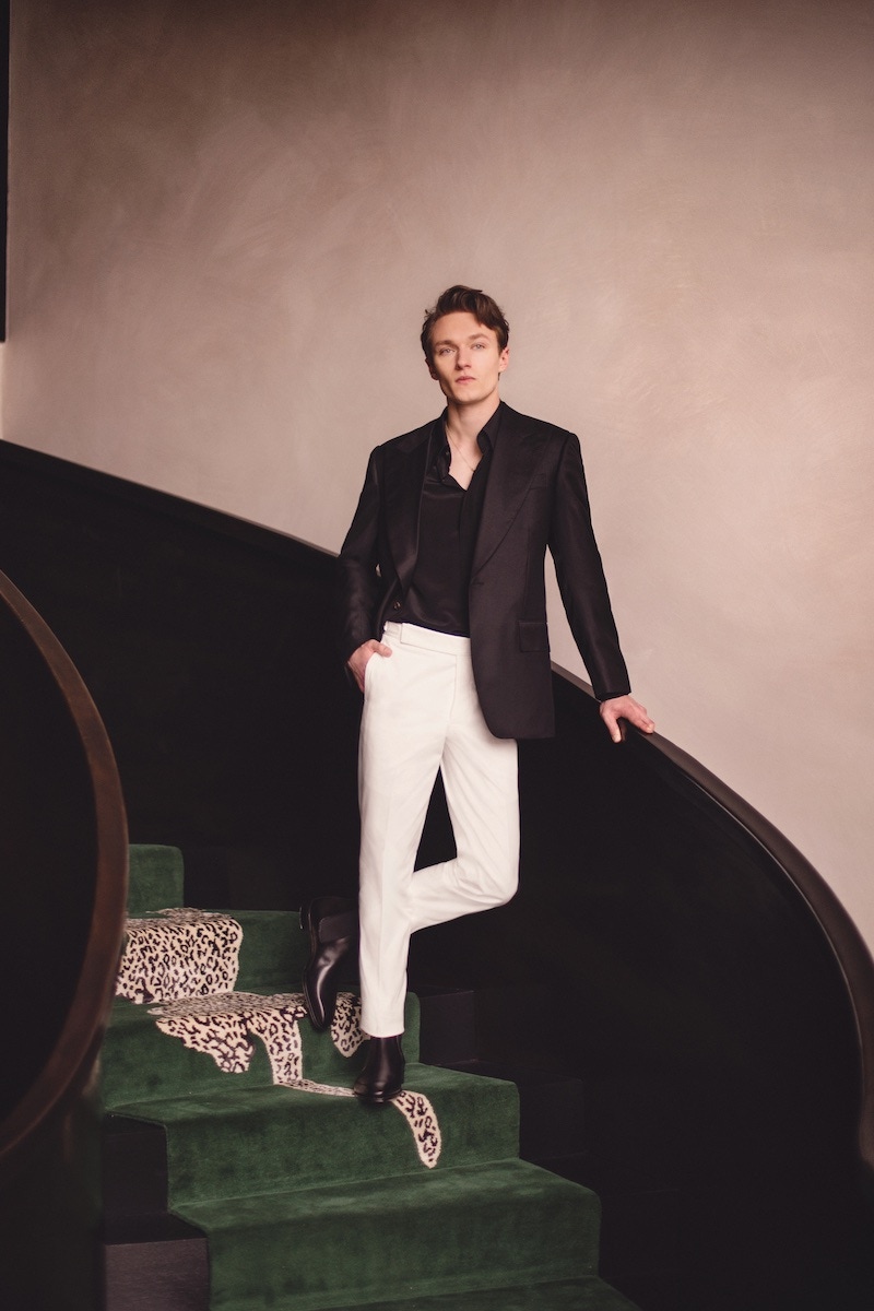 Black line jacket and black silk shirt, Edward Sexton; white trousers, Alexander Kraft Monte Carlo at The Rake; black calf Chelsea boots, George Cleverley