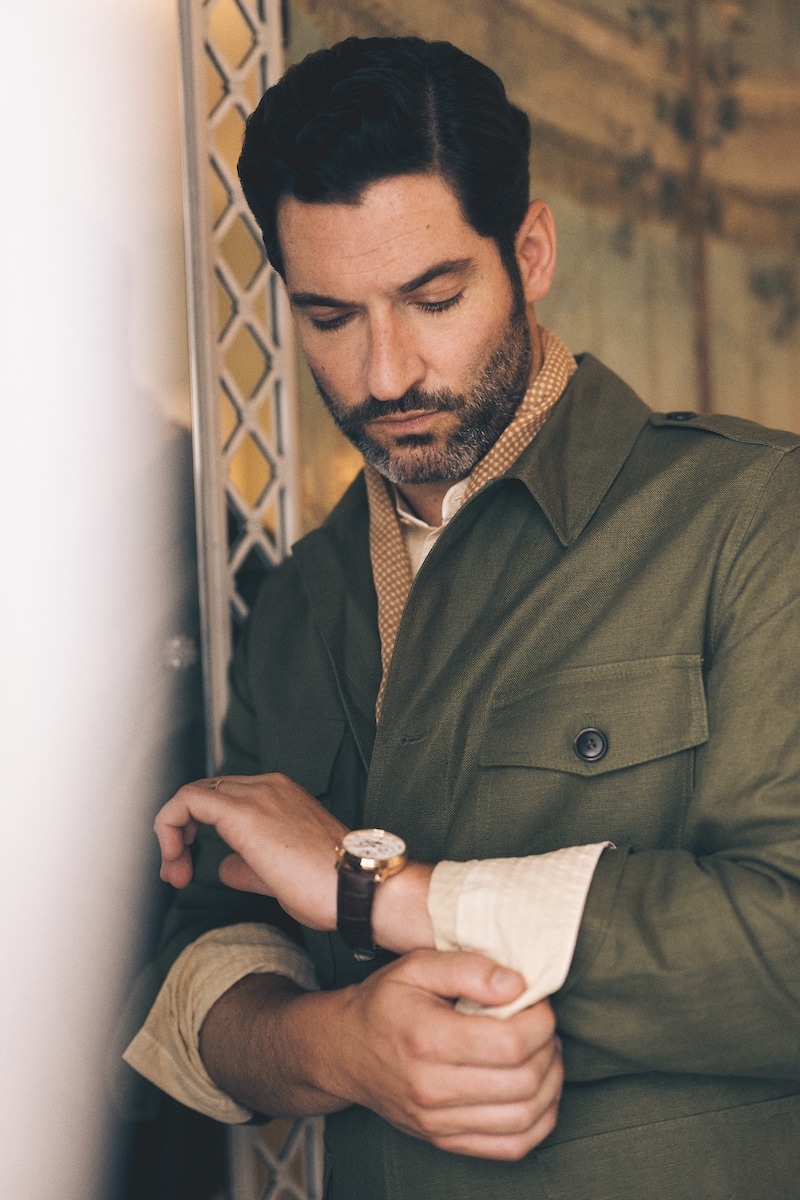 Olive cotton safari jacket, Private White V.C.; cream seersucker grandad collar shirt, Boglioli at Mr Porter; mustard linen spotted scarf, Anderson & Sheppard; rose-gold Villeret Perpetual Calendar with brown leather strap, Blancpain