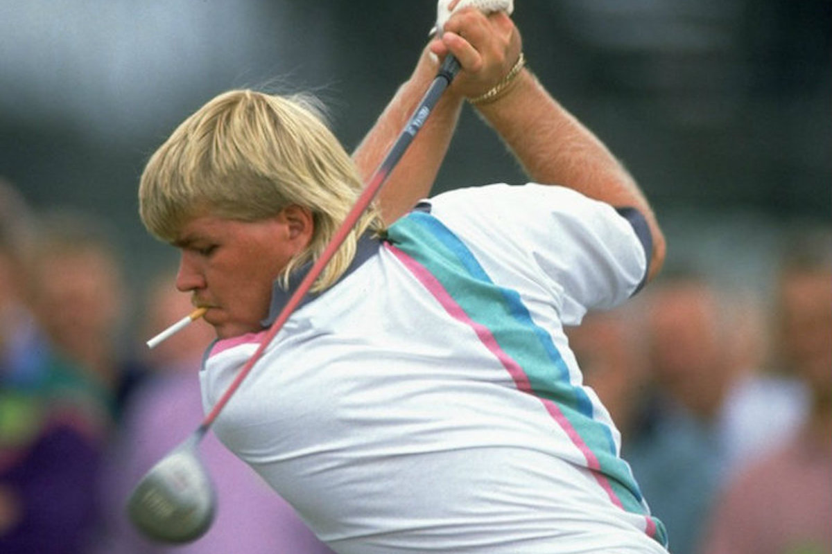 John Daly on the fairway in his blue, yellow, and white argyle