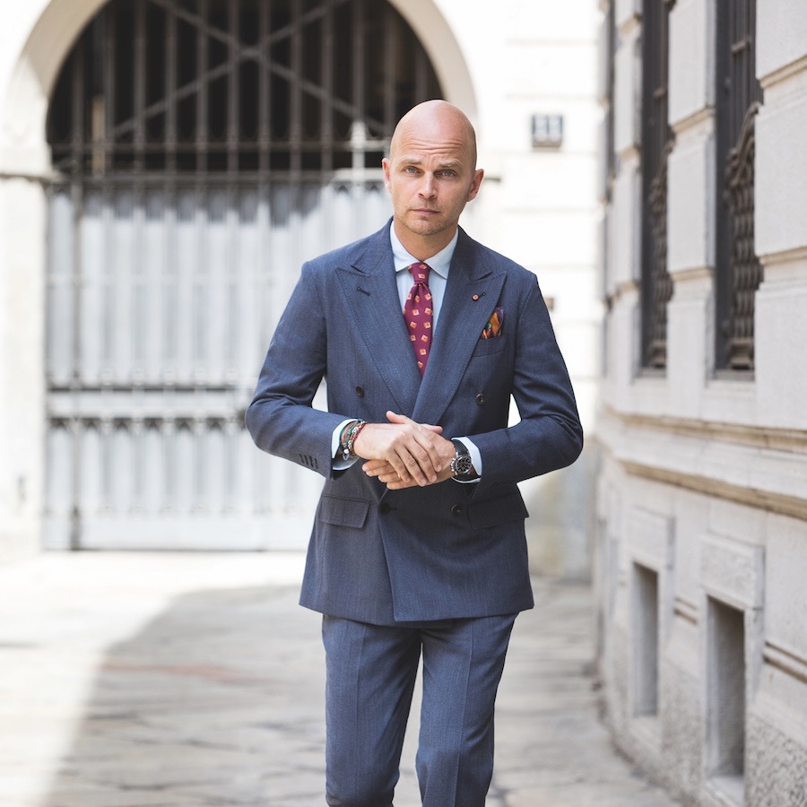 LOOK 3: Denim-coloured worsted wool double-breasted suit.