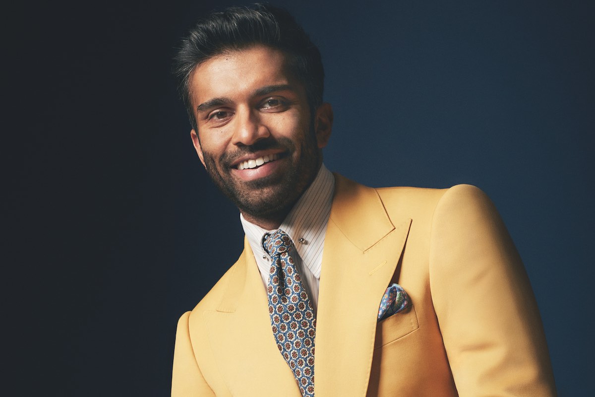 Amalfi yellow Heritage suit and white with red and blue stripes cotton pin-collar shirt, both Edward Sexton; light blue silk twill floral print tie, Rubinacci; blue, red and yellow floral linen pocket-square, Calabrese 1924; gold cufflinks, Davidoff