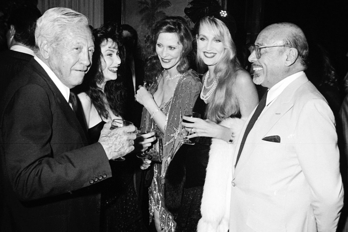 Paley, Rosie Hall, Cindy Hall, Jerry Hall and Ahmet Ertegun at Diana Vreeland’s book party in 1984 at Mortimer’s restaurant in New York (Photo by Ron Galella/WireImage)