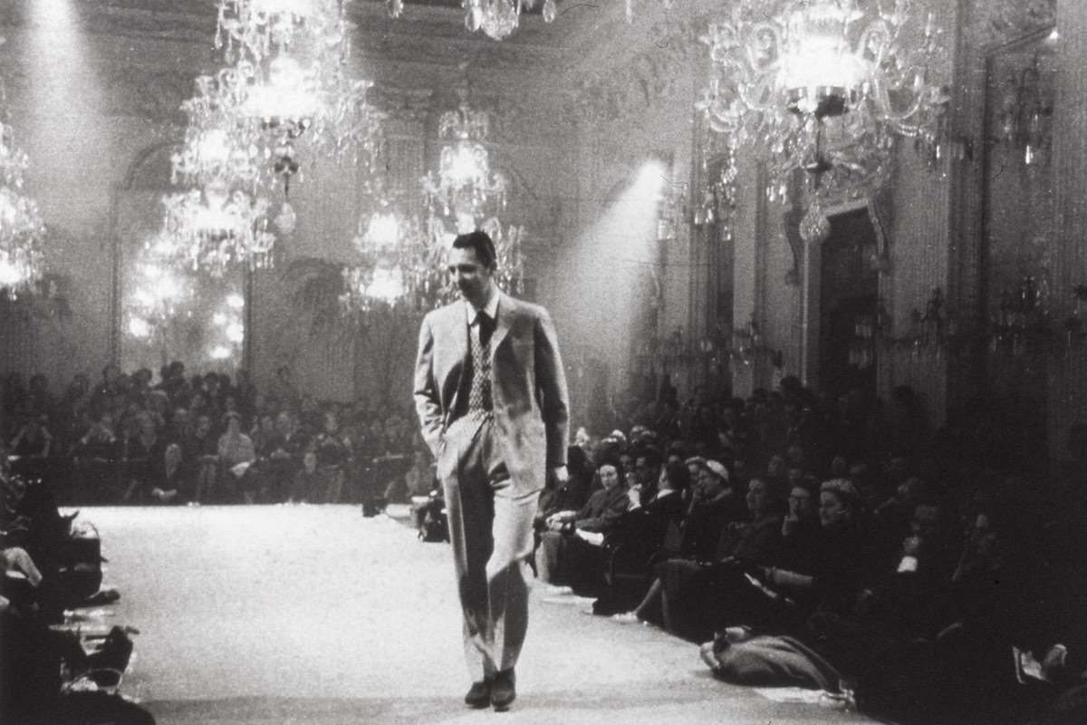 First menswear runway show at Palazzo Pitti in Florence, 1952.