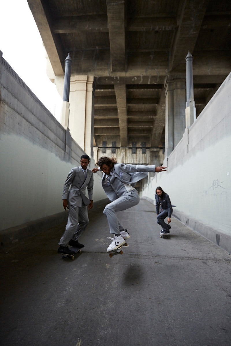 From left: Bespoke silver-grey wool-silk double-breasted suit, Edward Sexton; white cotton shirt Caruso; mid-grey knitted wool tie, Thom Sweeney; black leather trainers, property of the skater. Dove-grey wool-silk-linen three-piece suit, Thom Sweeney; white cotton shirt, Dolce & Gabbana; soft blue cotton pocket handkerchief, Budd Shirtmakers; white canvas trainers, property of the skater. Anthracite-grey wool and mohair suit, pale-grey cotton shirt, both Louis Vuitton; navy, white and red striped silk tie, Caruso. Navy suede trainers, Converse, property of the skater; White cotton pocket-handkerchief, property of The Rake