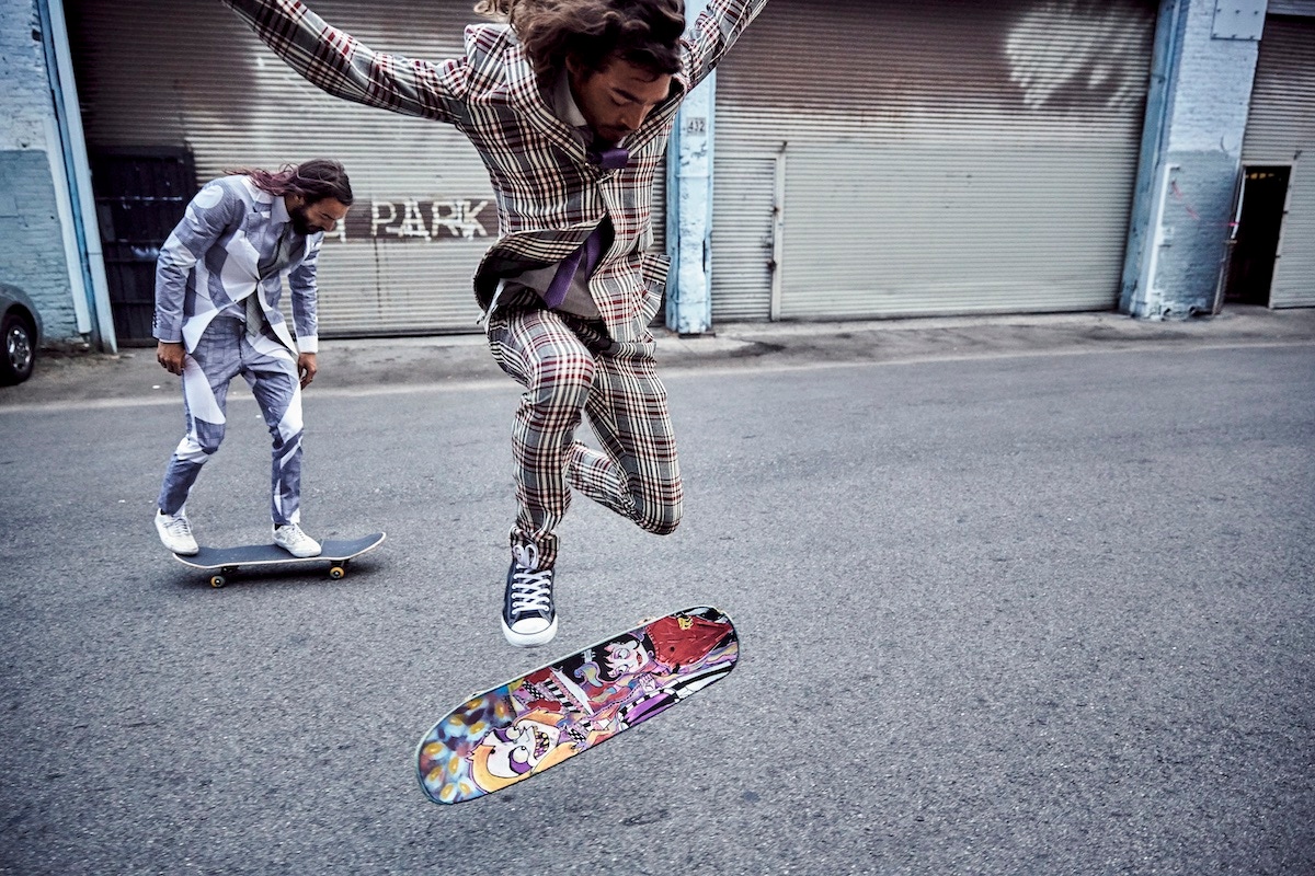 From Left: Black and white Prince-of-Wales check wave-print cotton suit, Alexander McQueen; pale-grey cotton shirt, Caruso; grey silk tie, Ralph Lauren Purple Label; white canvas trainers, Vans, property of the skater. Black, burgundy and ivory check lightweight wool suit, Valentino; white linen shirt, Alfred Dunhill; purple checked silk tie, Hackett; navy canvas trainers, property of the skater.