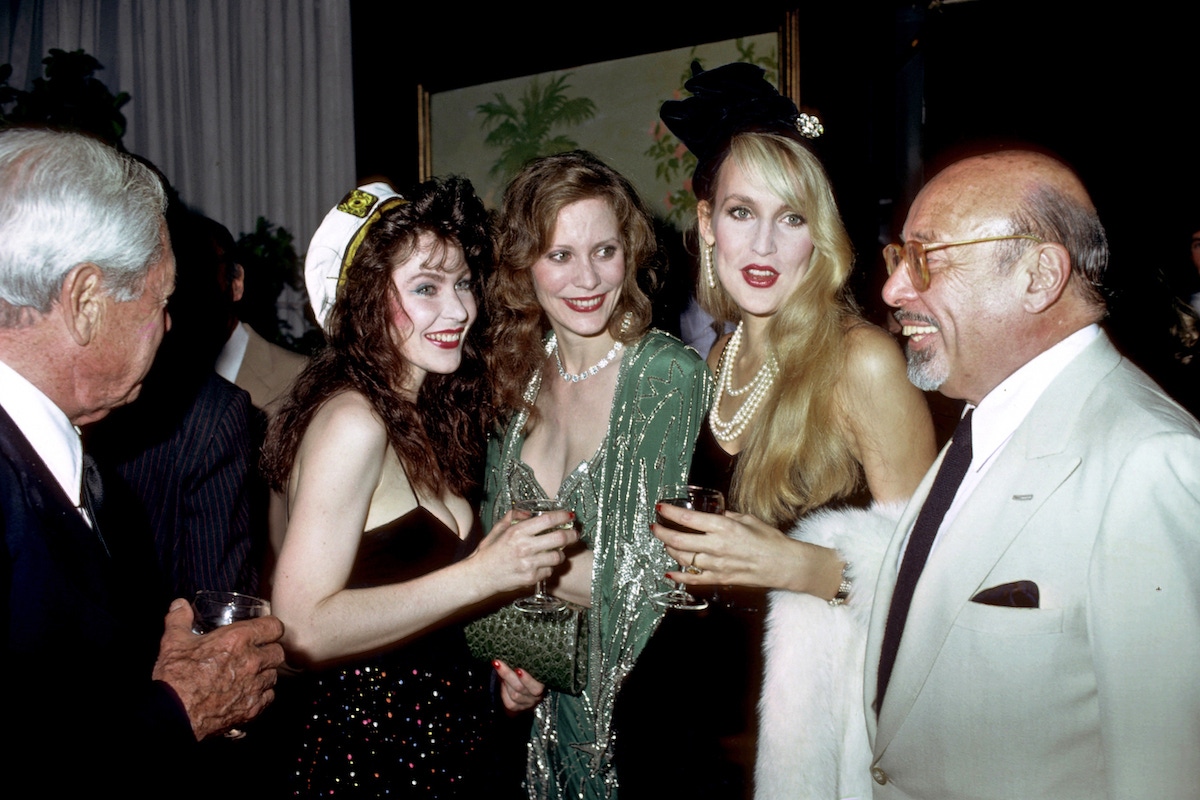 Bill Paley, Rosie Hall, Cindy Hall, Jerry Hall and Ahmet Ertegun at the Mortimer's Restaurant in New York City. (Photo by Ron Galella/WireImage)