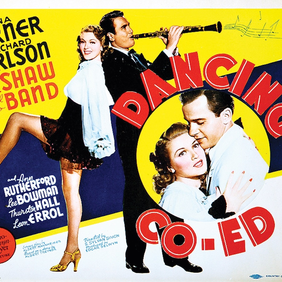 Dancing Co-ed, poster, Lana Turner, Artie Shaw, Richard Carlson, 1939. (Photo by LMPC via Getty Images)