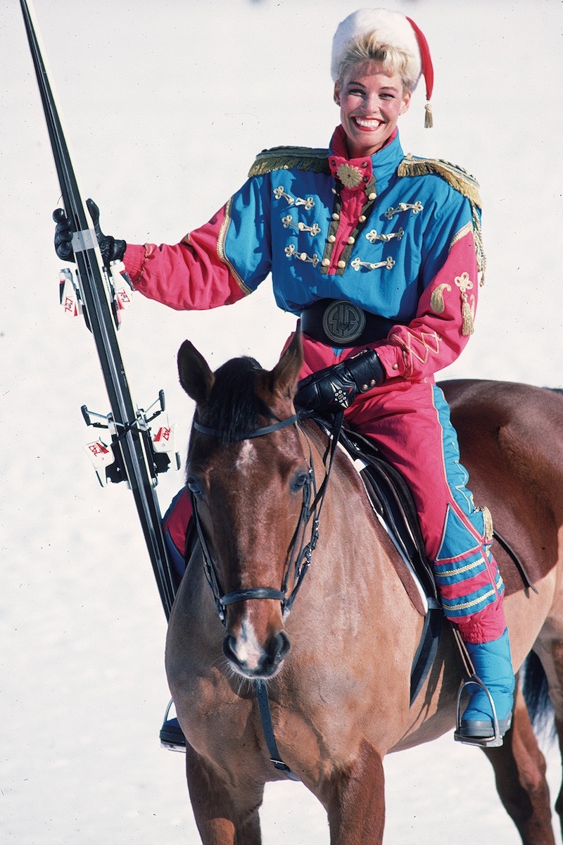 Tina Windscheid on horseback in St. Moritz, 1989 (Photo by Slim Aarons/Getty Images)