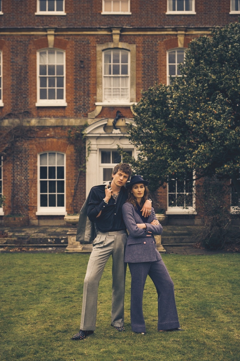 Sid wears silver cocktail suit and black silk shirt, Edward Sexton; jewelled Cuban boots, Dolce & Gabbana; jewellery, The Great Frog. Betsy wears blue wool suit, The Deck; heels courts, Dolce & Gabbana; trilby hat, Borsalino.