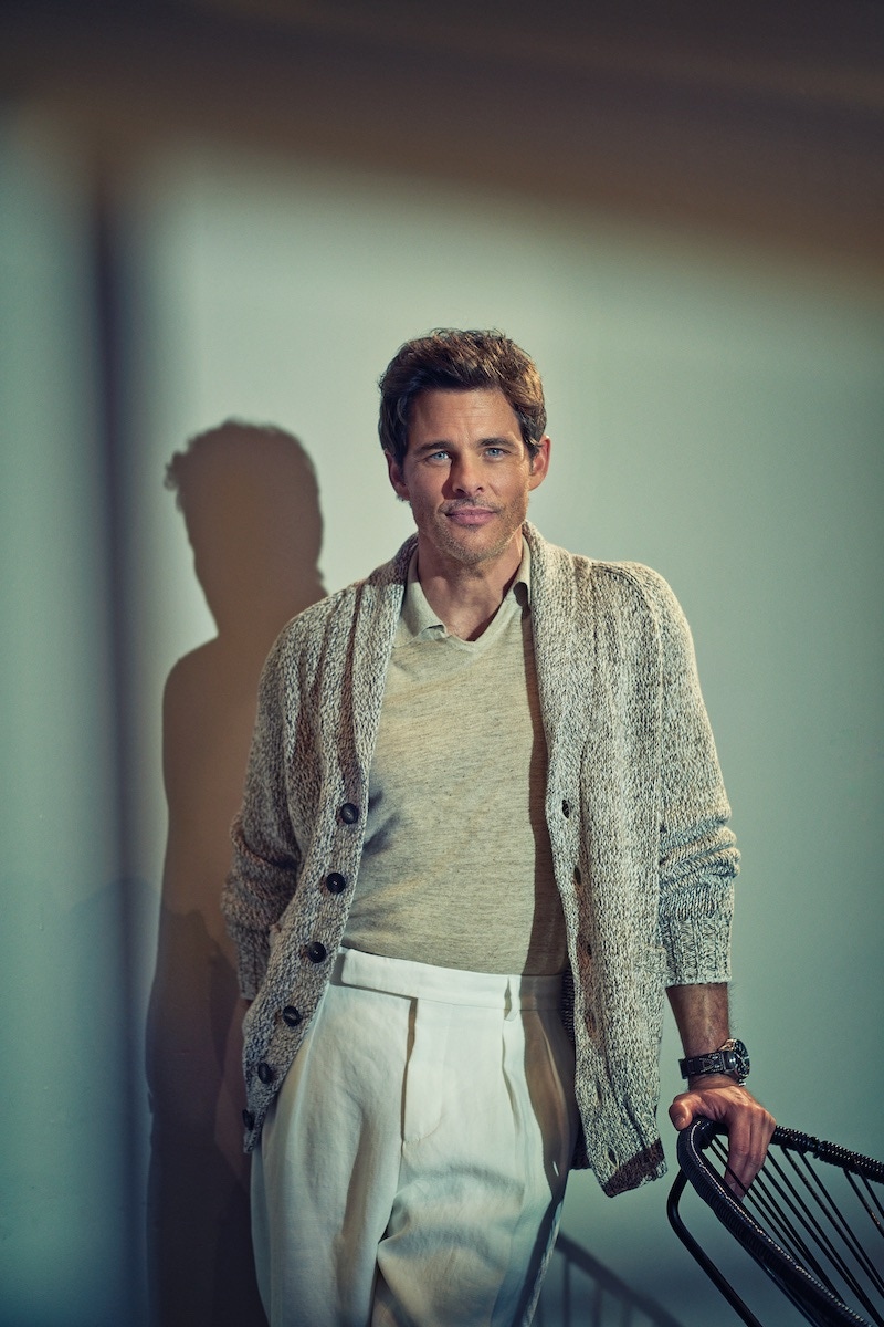 Knit cardigan, knit polo shirt and white tapered trousers, all Brunello Cucinelli; IWC Big Pilot, James Marsden’s own.