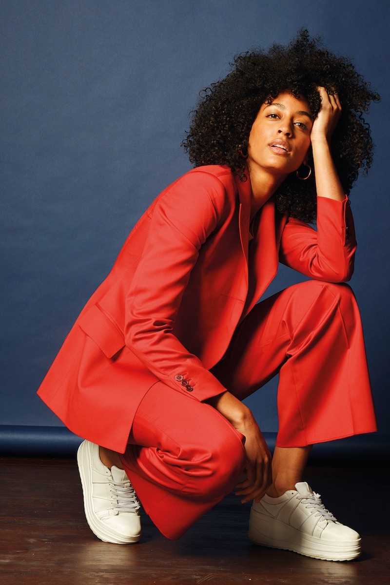 Keziah Marie wears the red wool double-breasted ‘Spade’ suit