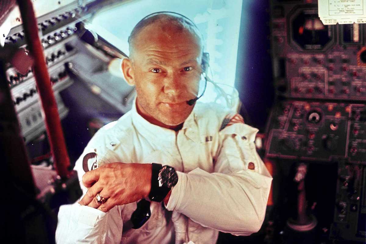 Buzz Aldrin in the Apollo 11 Lunar Module, his Omega Speedmaster ST105.012 in clear view (Image: NASA.gov)]