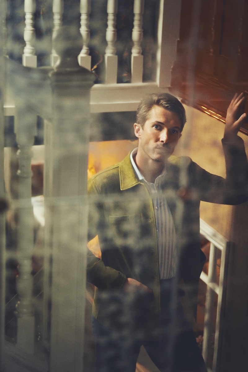 Green suede work jacket, Valstar; blue and white linen stripe shirt, Richard James; brown flannel house trousers, Edward Sexton.