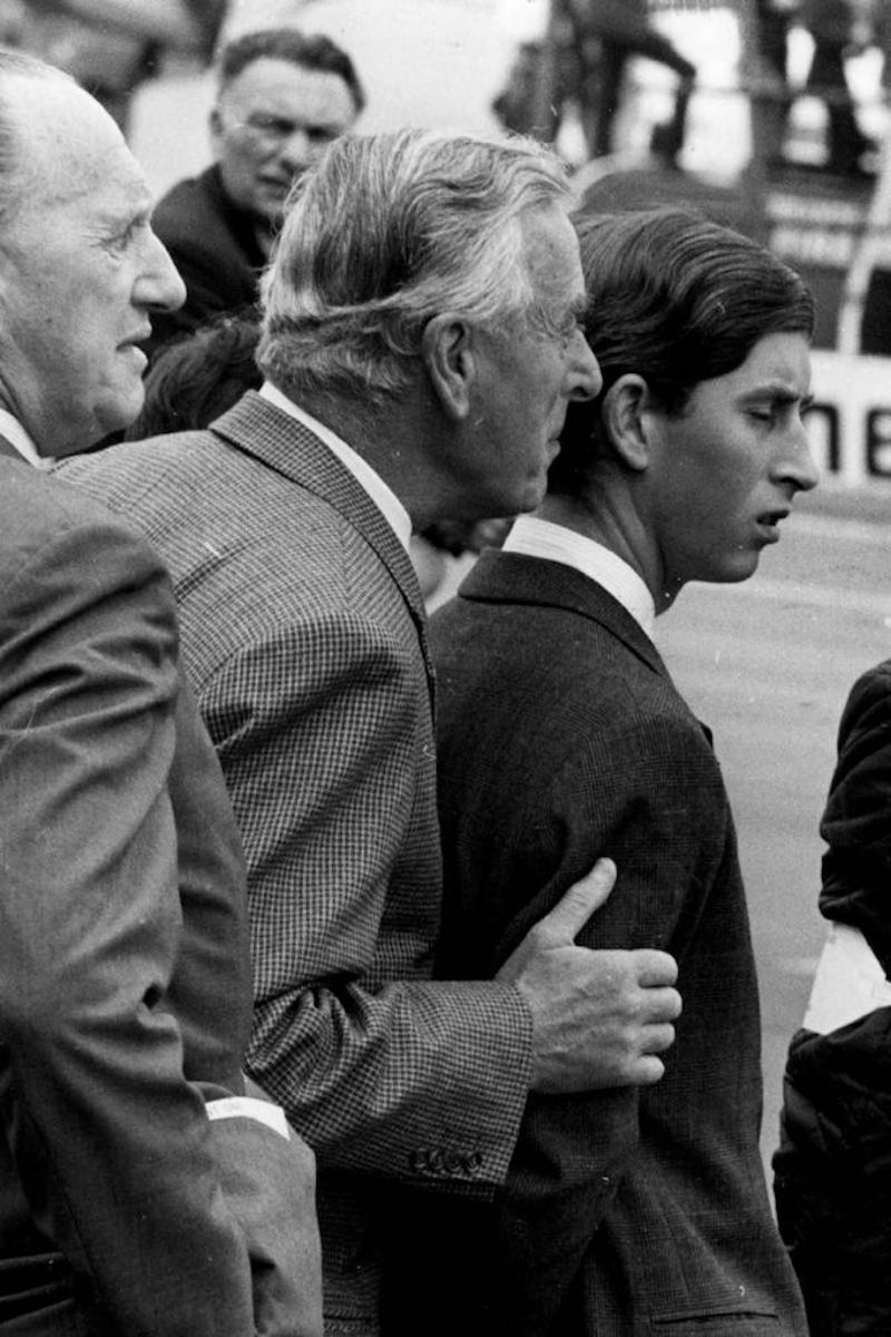 Earl Louis Mountbatten (Louis, 1st Earl Mountbatten of Burma) and Prince Charles watching the RAC Grand Prix at Brands Hatch. (Photo by Wesley/Keystone/Getty Images)