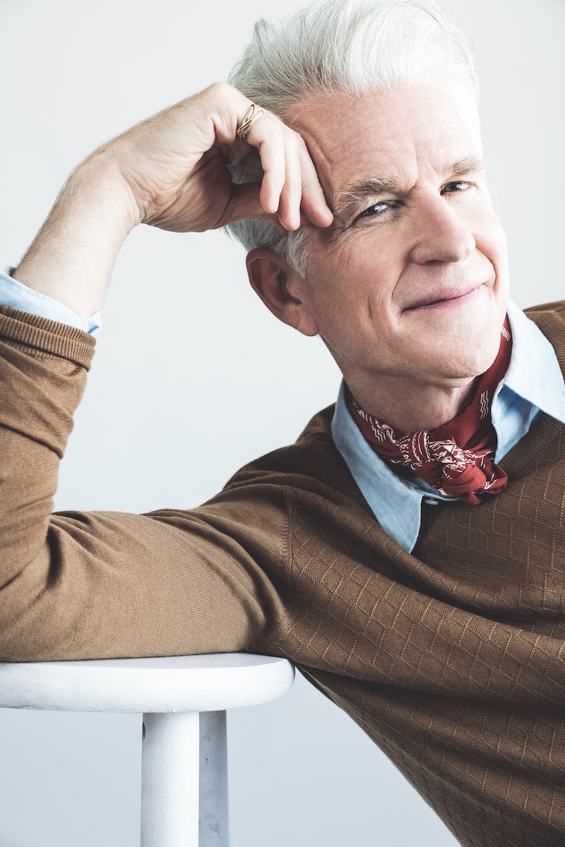 Cashmere crew-neck jumper, L.B.M. 1911; linen shirt, Theory; wool pleated trousers, Louis Vuitton; neckerchief and Cartier watch, Matthew’s own.