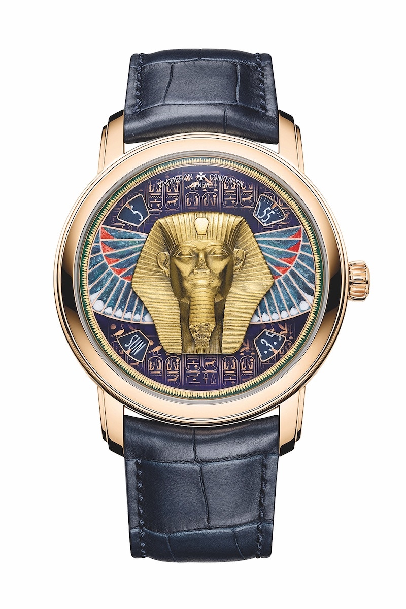 Vacheron Constantin Métiers d’Art Grand Sphinx de Tanis in pink-gold on blue alligator strap. POA.