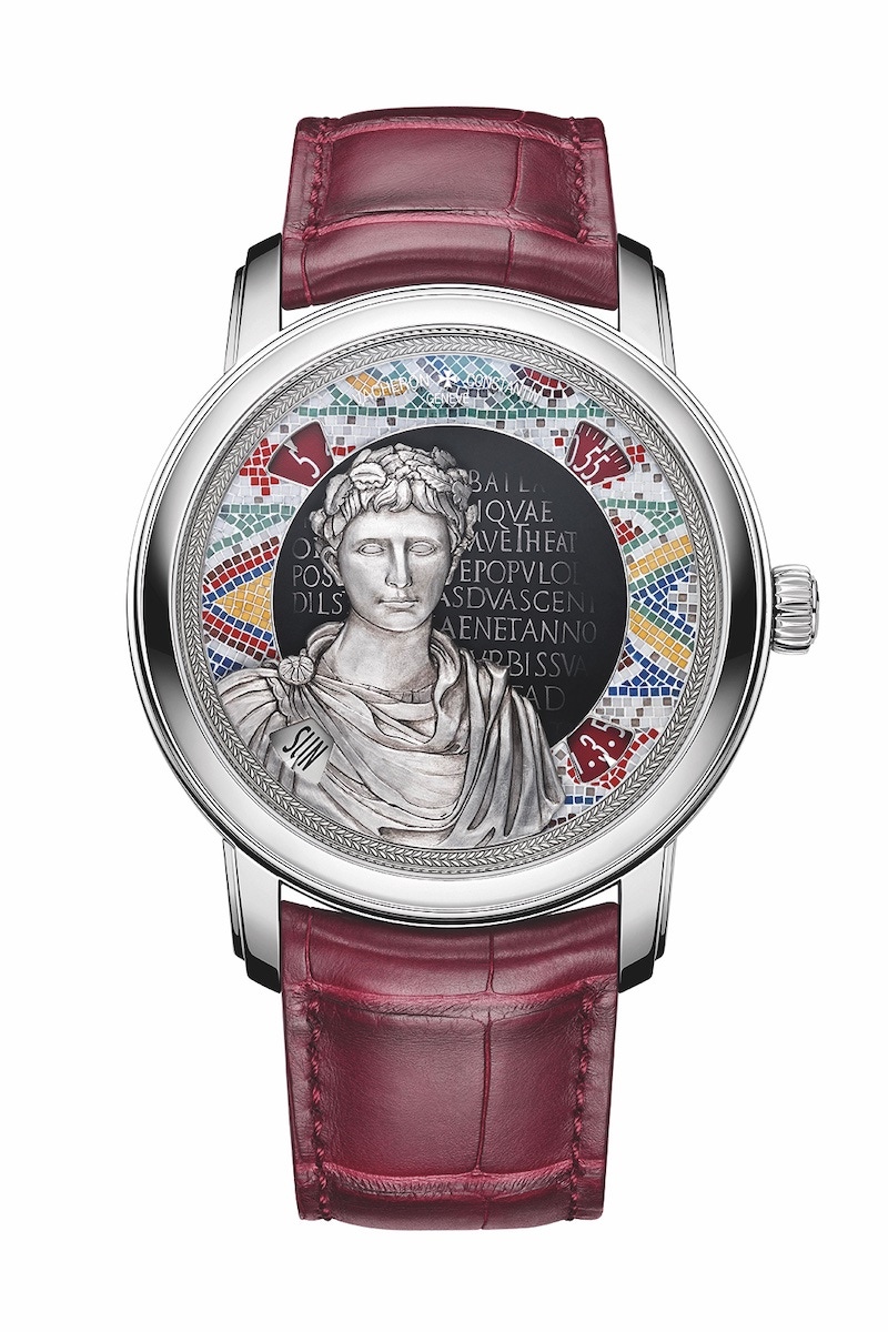 Vacheron Constantin Métiers d’Art Buste d’Auguste in white-gold on burgundy alligator strap. POA.